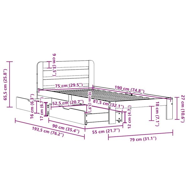 Рамка за легло без матрак, восъчнокафяв, 75x190 см, бор масив