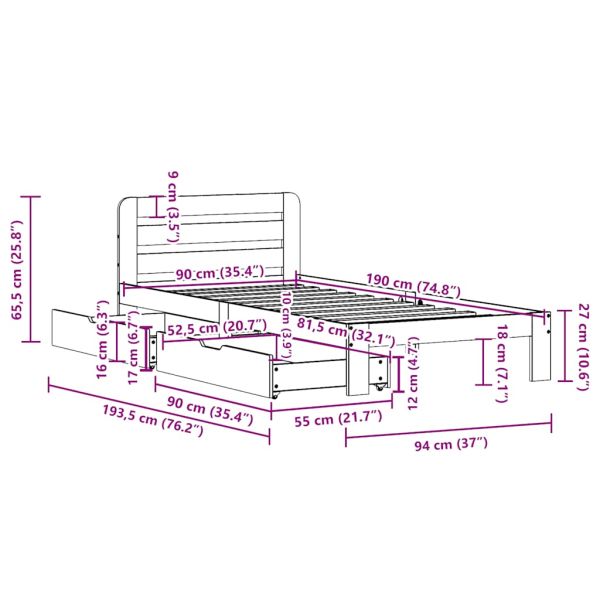 Рамка за легло без матрак, восъчнокафяв, 90x190 см, бор масив