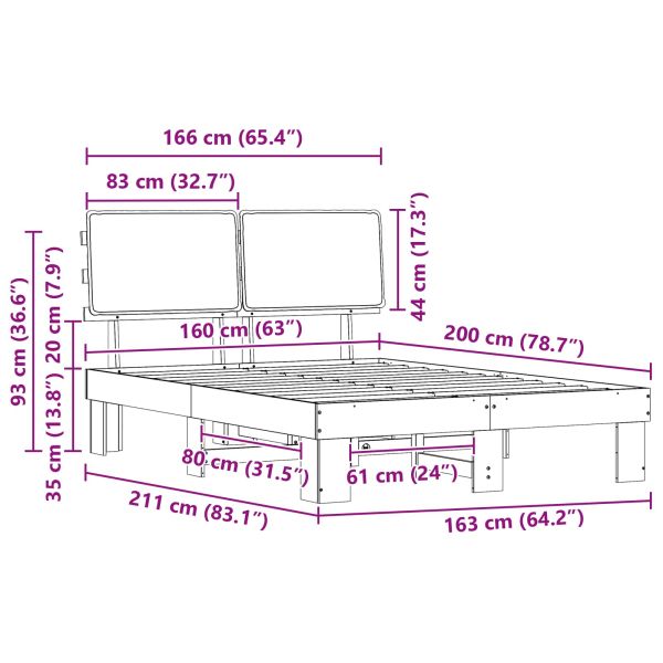 Леглова рамка с тапицирана гръбна част Светлосиво 160 x 200 cm