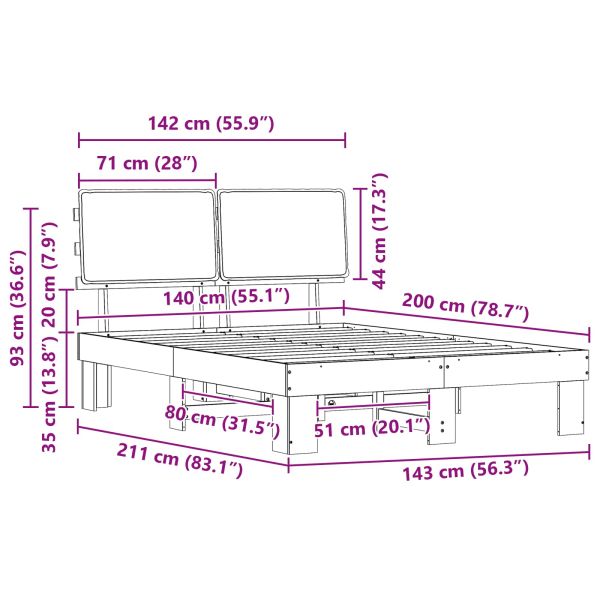Леглова рамка с тапицирана гръбна част Светлосиво 140 x 200 cm