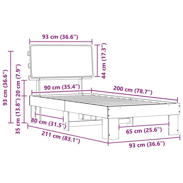 Леглова рамка с тапицирана гръбна част Тъмен сив 90 x 200 cm
