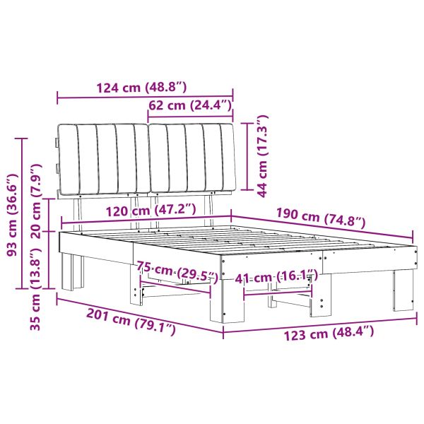 Леглова рамка с тапицирана гръбна част Светлосиво 120 x 190 cm