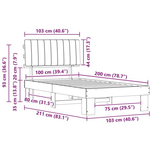 Леглова рамка с тапицирана гръбна част Светлосиво 100 x 200 cm