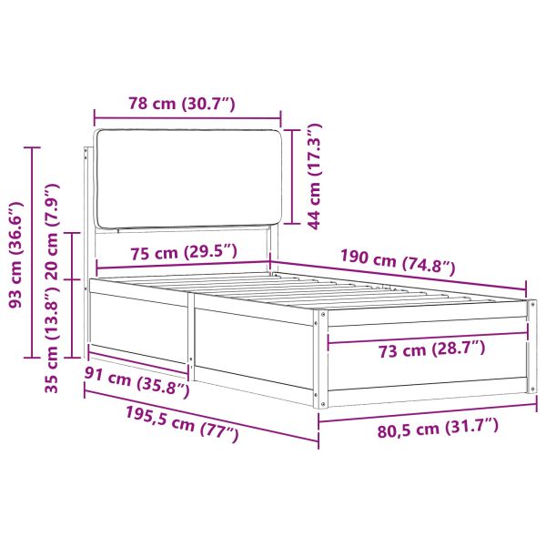 Леглова рамка с тапицирана гръбна част Светлосиво 75 x 190 cm