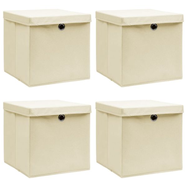 Кутии за съхранение с капаци 4 бр кремави 32x32x32 см плат