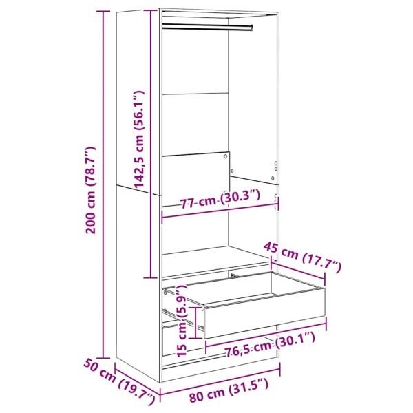 Гардероб с чекмедже Черния дъб 80 x 50 x 200 см Инженерно дърво