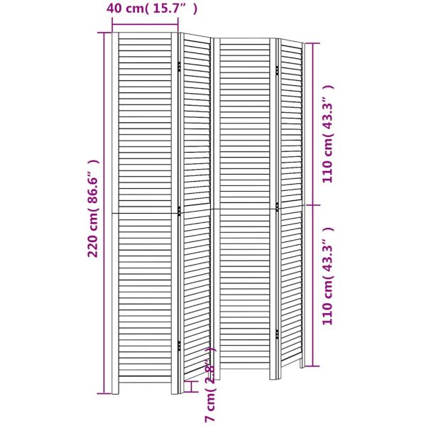 Разделител за стая, 4 панела, бял, дърво пауловния масив