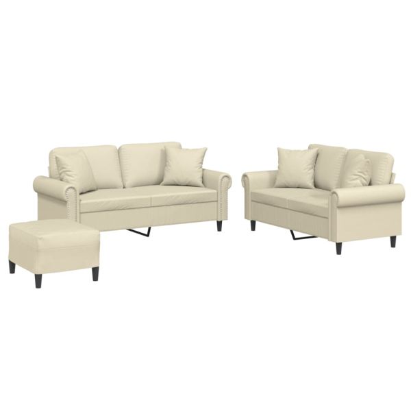 Комплект дивани от 3 части с възглавници кремав изкуствена кожа