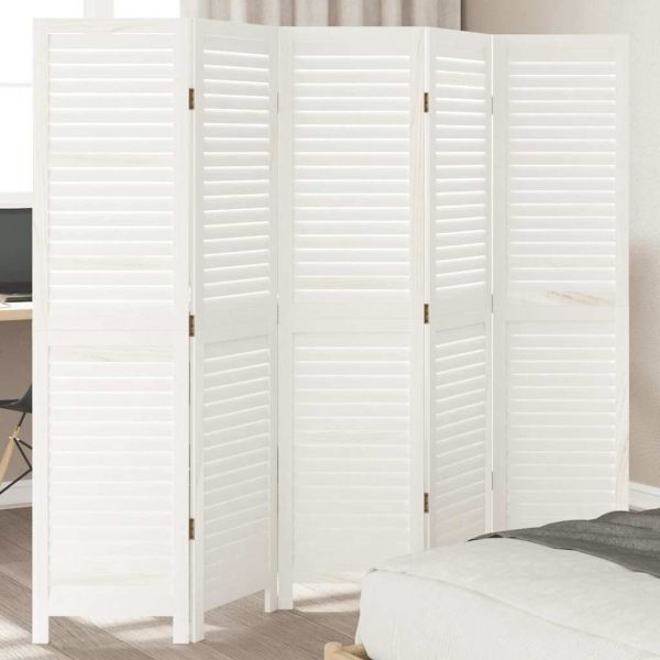 Разделител за стая, 5 панела, бял, дърво пауловния масив
