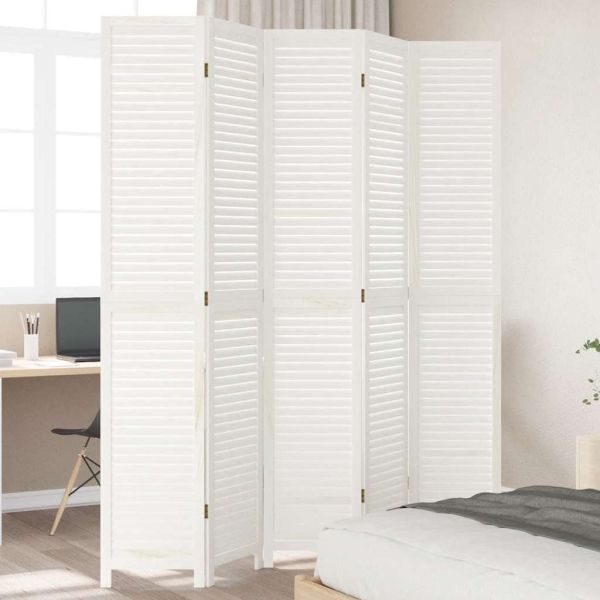 Разделител за стая, 5 панела, бял, дърво пауловния масив