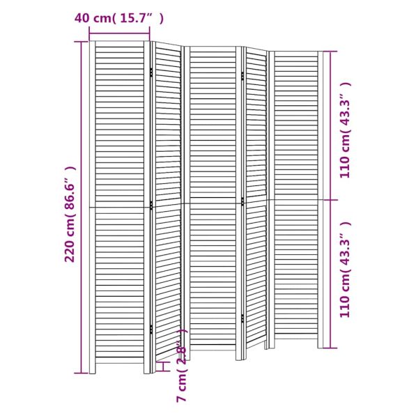 Разделител за стая, 5 панела, бял, дърво пауловния масив