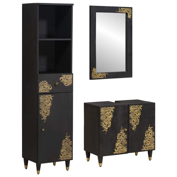 Комплект шкафове за баня 3 pcs Черно Солидно мангово дърво