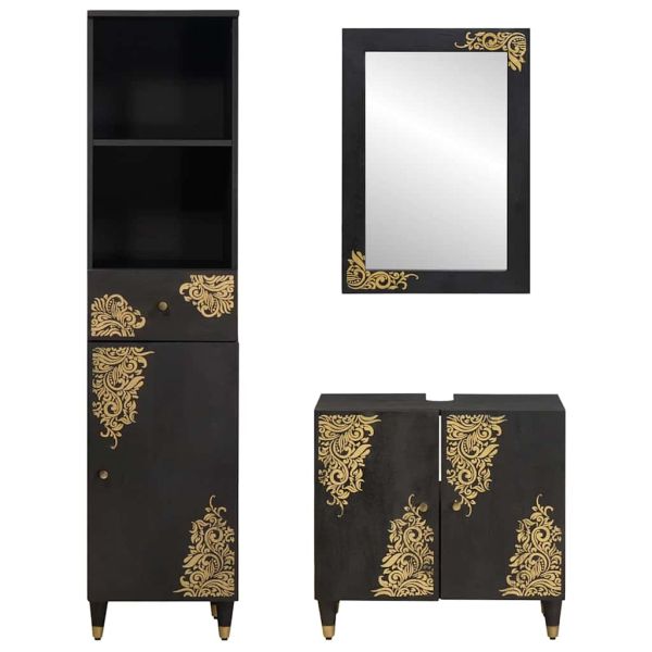 Комплект шкафове за баня 3 pcs Черно Солидно мангово дърво