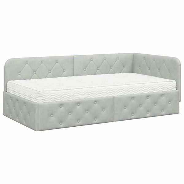 Ъглова рамка за легло с матрак Светлосиво 90 x 200 cm Кадифе