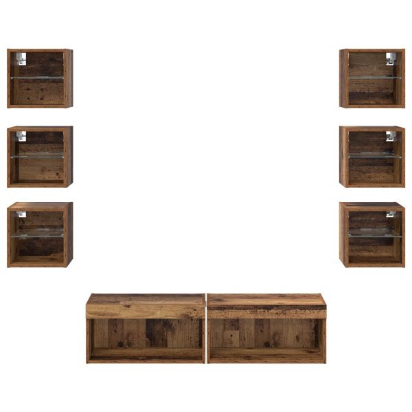 ТВ шкаф С LED лентисти светлини 8 pcs Старо дърво Стъкло