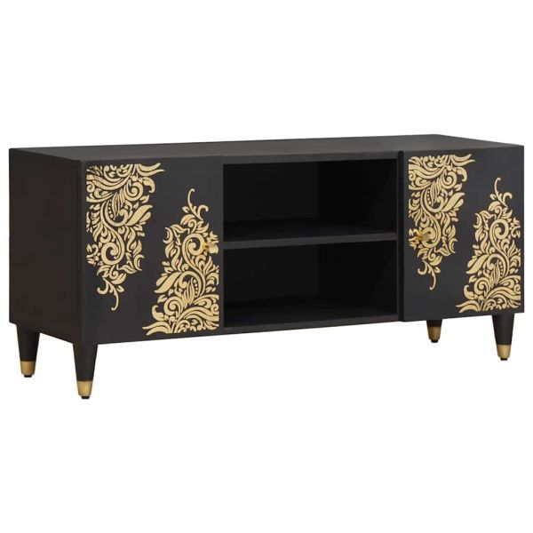 ТВ шкаф с рафт Черно 105 x 33 x 46 см Солидно мангово дърво
