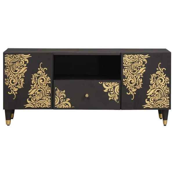 ТВ шкаф с чекмедже Черно 105 x 33 x 46 см Солидно мангово дърво
