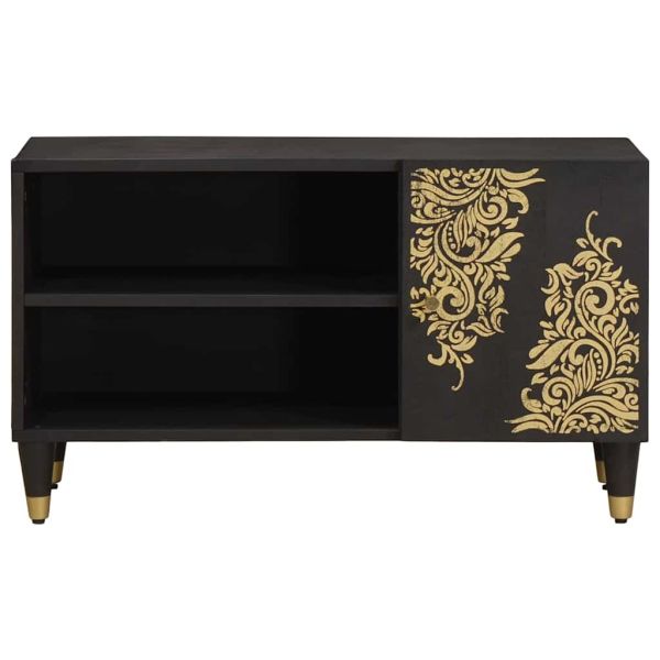 ТВ шкаф с рафт Черно 80 x 33 x 46 см Солидно мангово дърво