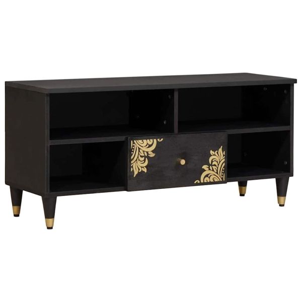 ТВ шкаф с чекмедже Черно 100 x 33 x 46 см Солидно мангово дърво