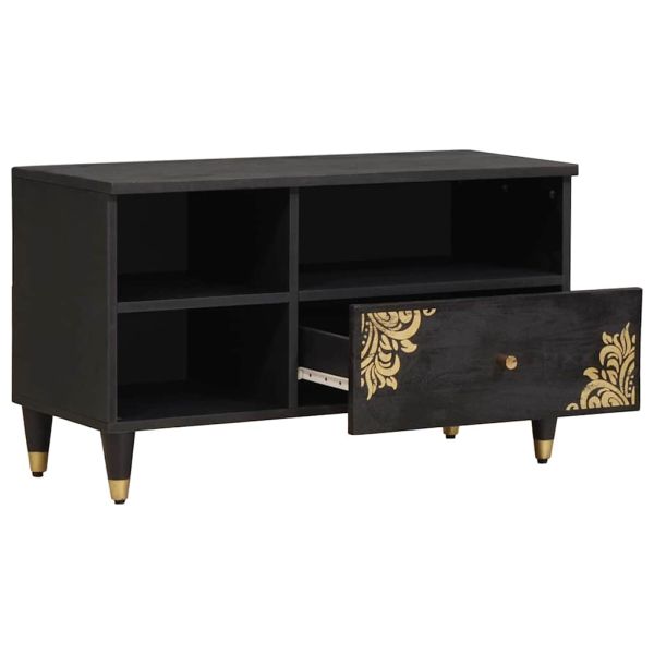 ТВ шкаф с чекмедже Черно 80 x 33 x 46 см Солидно мангово дърво