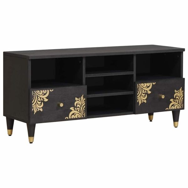 ТВ шкаф с чекмедже Черно 100 x 33 x 46 см Солидно мангово дърво