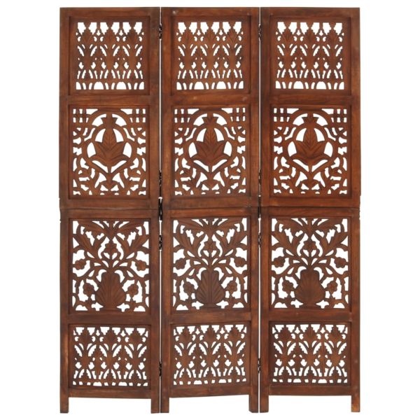 Ръчно резбован параван 3 панела кафяв 120x165 cм манго масив