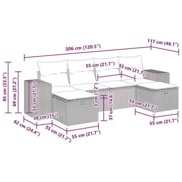 Градински диван с възглавници, 6 части, черен, полиратан