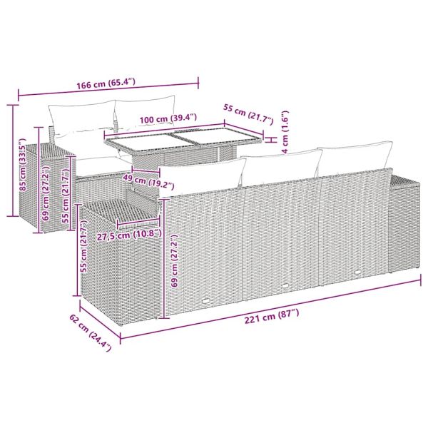 Градински диван с възглавници, 6 части, черен полиратан, акация