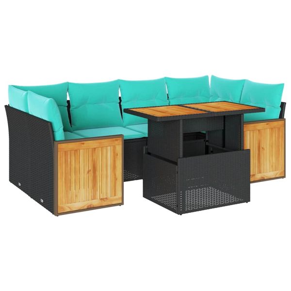 Градински комплект диван с възглавници 7 части черен полиратан