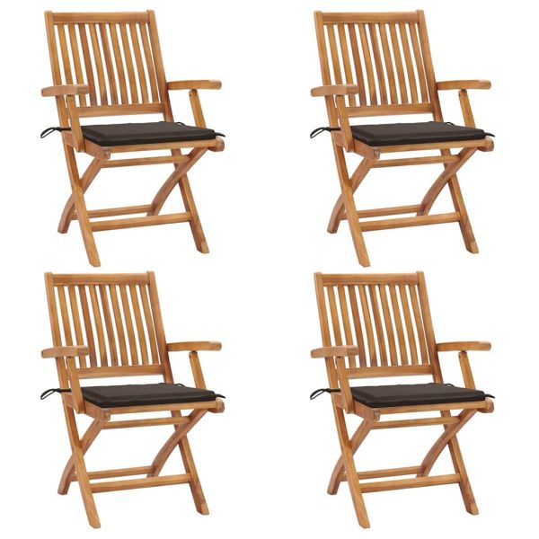 Сгъваеми градински столове с възглавници, 4 бр, тик масив