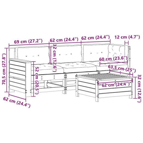 Градински лаундж комплект 4 части с възглавници бял масив бор