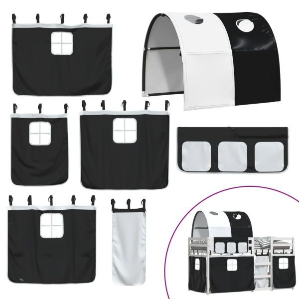 Двуетажно легло със завеси, бяло и черно, 90x190 см, бор масив