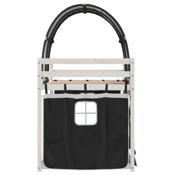 Двуетажно легло със завеси, бяло и черно, 90x190 см, бор масив