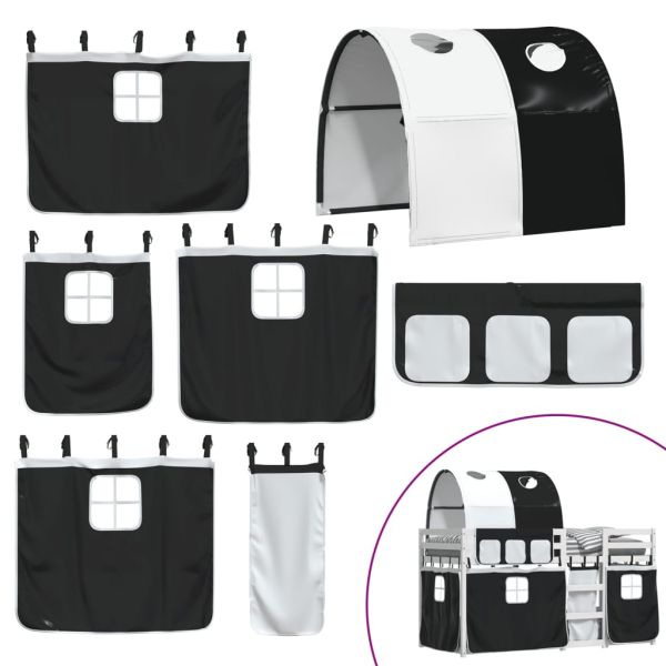 Двуетажно легло със завеси, бяло и черно, 90x190 см, бор масив