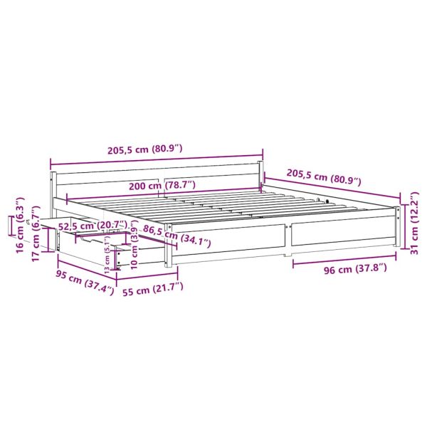Рамка за легло без матрак, бял, 200x200 см, бор масив