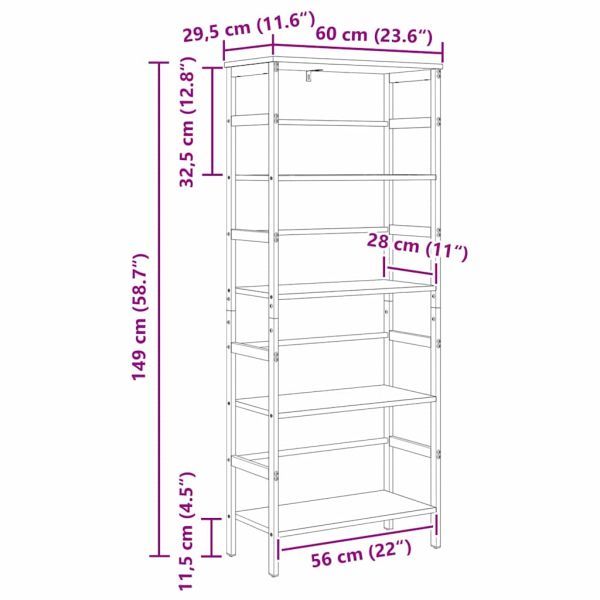 Рафт за книги Сив Сонома 60 х 29,5 х 149 см Инженерно дърво
