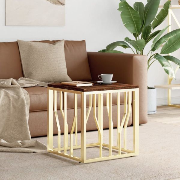 Кафе маса, златиста, инокс и регенерирано дърво масив