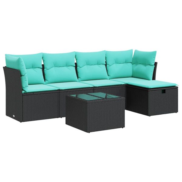 Градински диван с възглавници, 6 части, черен, полиратан