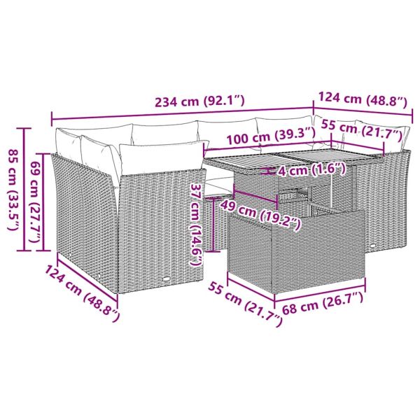 Градински комплект диван с възглавници 7 части черен полиратан