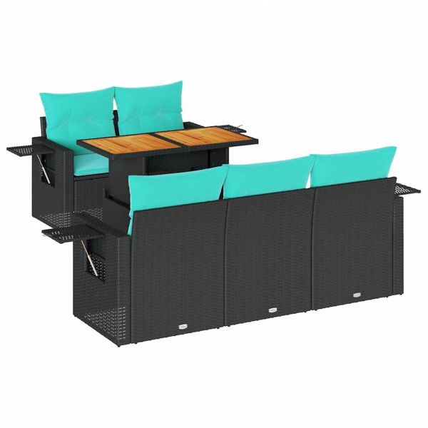 Градински диван с възглавници, 6 части, черен, полиратан