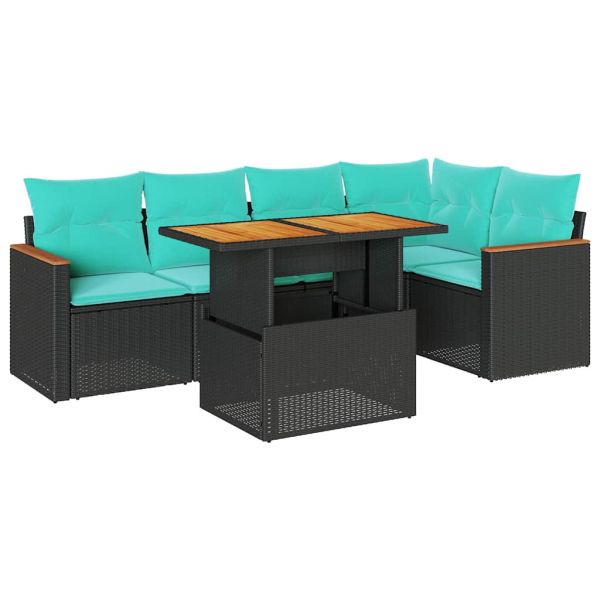 Градински диван с възглавници, 6 части, черен, полиратан