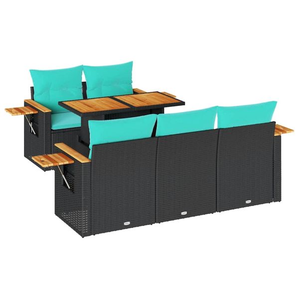 Градински диван с възглавници, 6 части, черен, полиратан