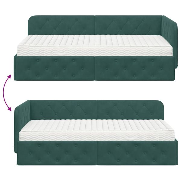 Ъглова рамка за легло с матрак Тъмен зелен 90 x 200 cm Кадифе
