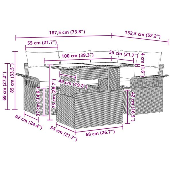 Градински Софа Комплект с възглавница 5 pcs Сив Полиратан