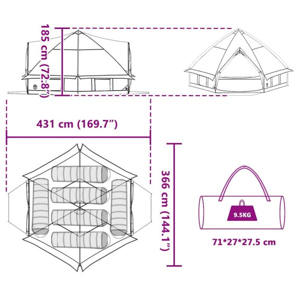 Палатка тип ти пи с покрив Зелен и бял 490 x 410 x 210 см