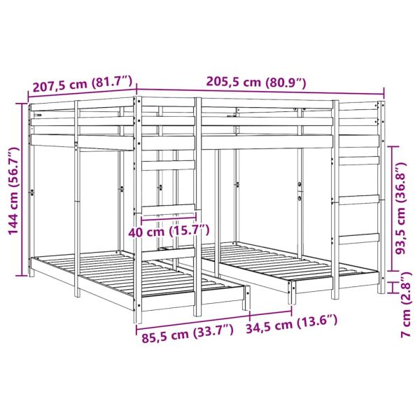 Рамка за тройно двуетажно легло Бяло 200 x 200 cm