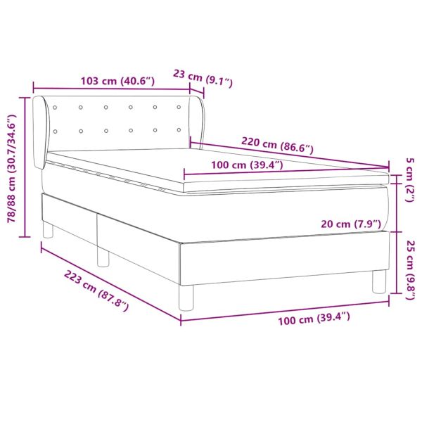 Боксспринг легло с матрак, черно, 100x220 см, кадифе