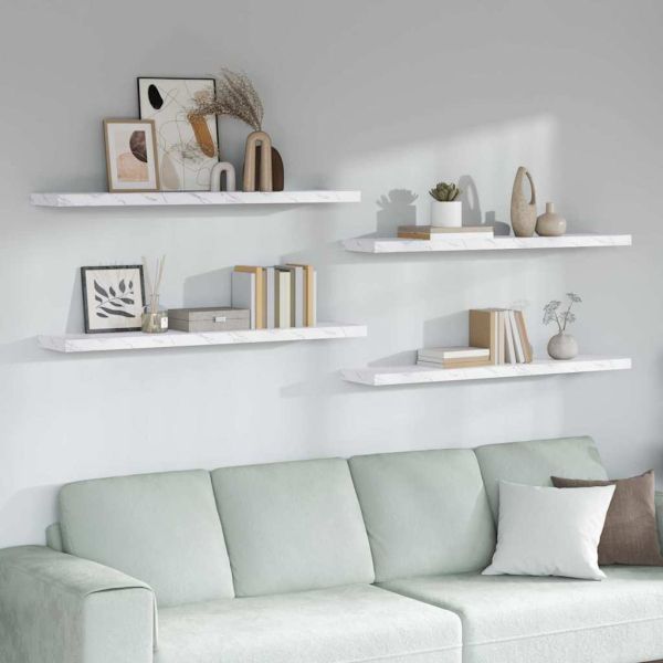 Стенен рафт 4 pcs Бял мрамор 120 x 23,5 x 4 см Инженерно дърво