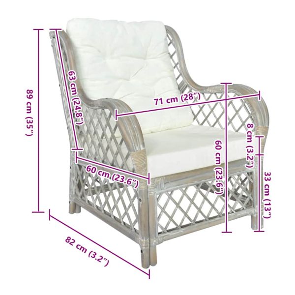 Диван с възглавница, сив, естествен ратан и лен