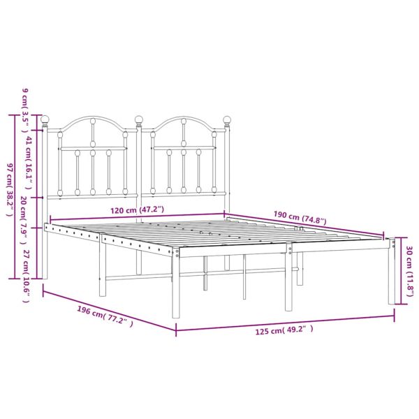 Метална рамка за легло с горна табла, бяла, 120x190 см